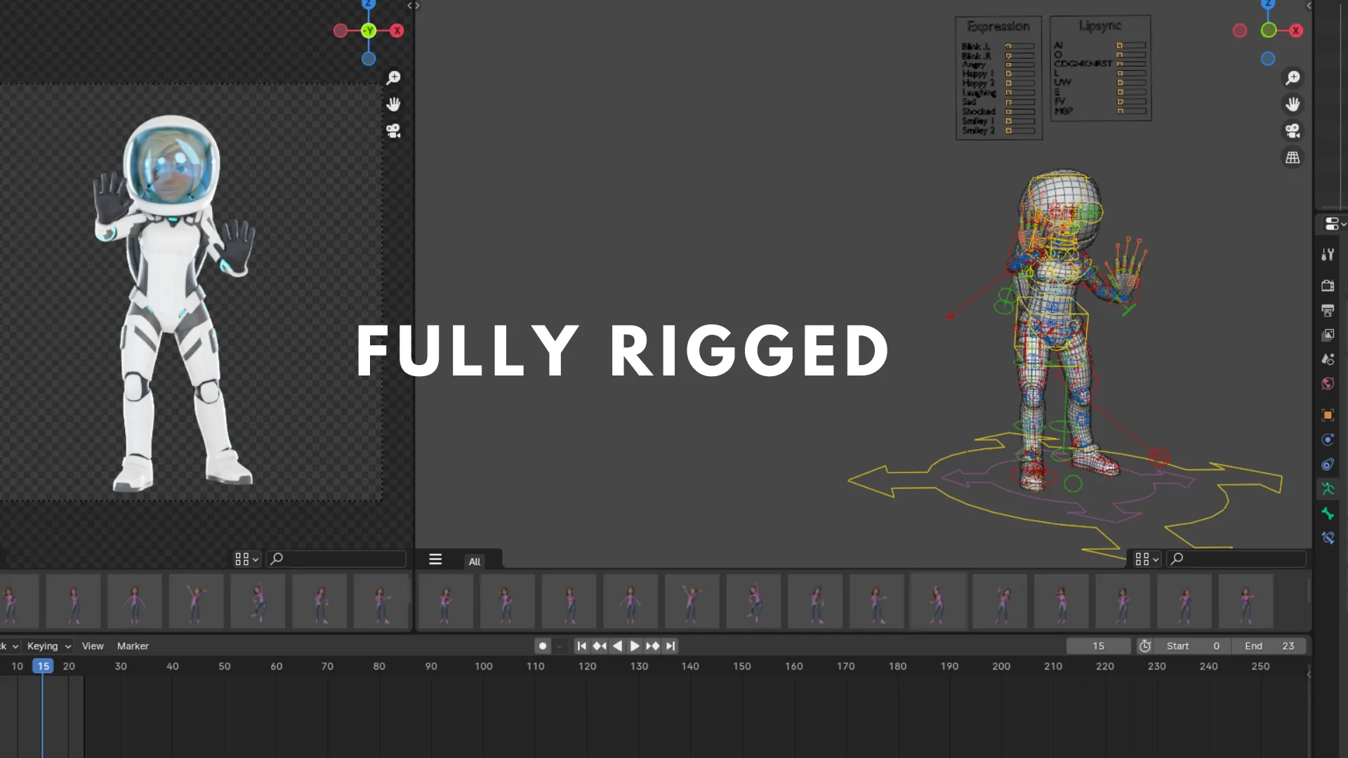 Fully rigged Cartoon Female Astronaut with body and face rig in Blender
